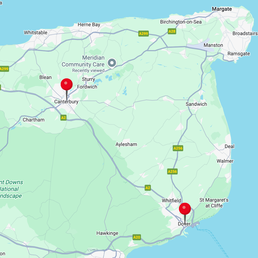 Service coverage map showing Canterbury and Dover branches across East Kent